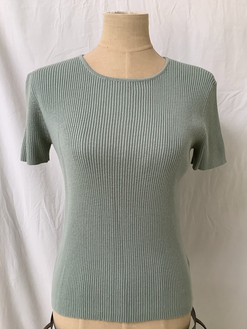 Josephine Chaus Sport Stretch Sweater Top-Sage Green-Ribbed-Short Sleeve-Small